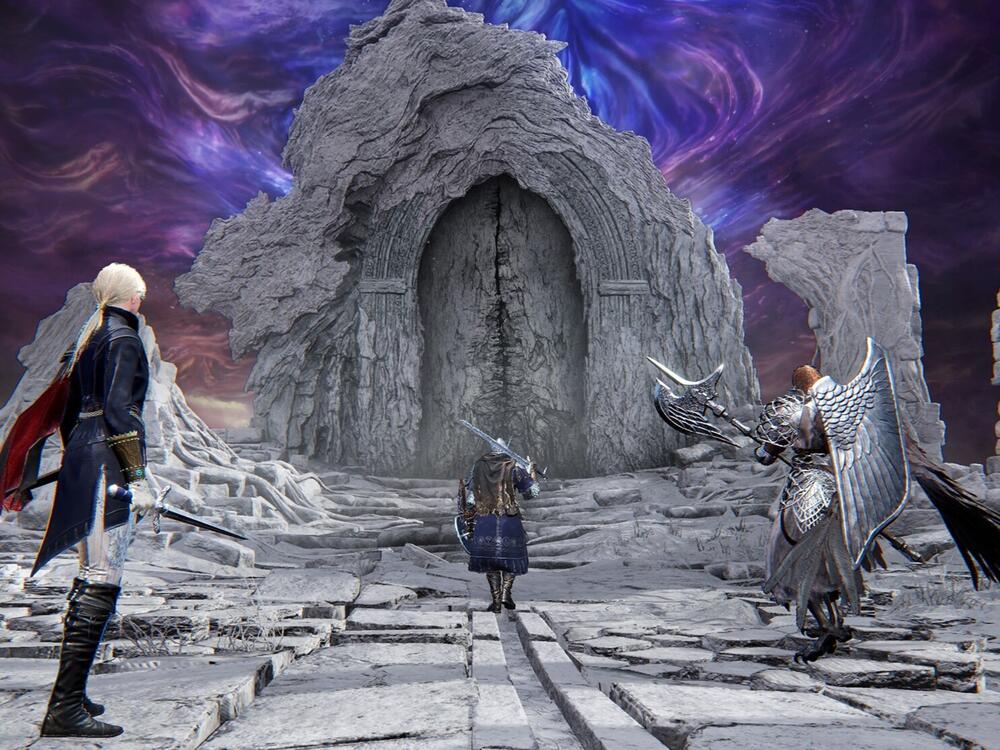 Three heroes face a door to the final boss at the end of a Nightreign run.