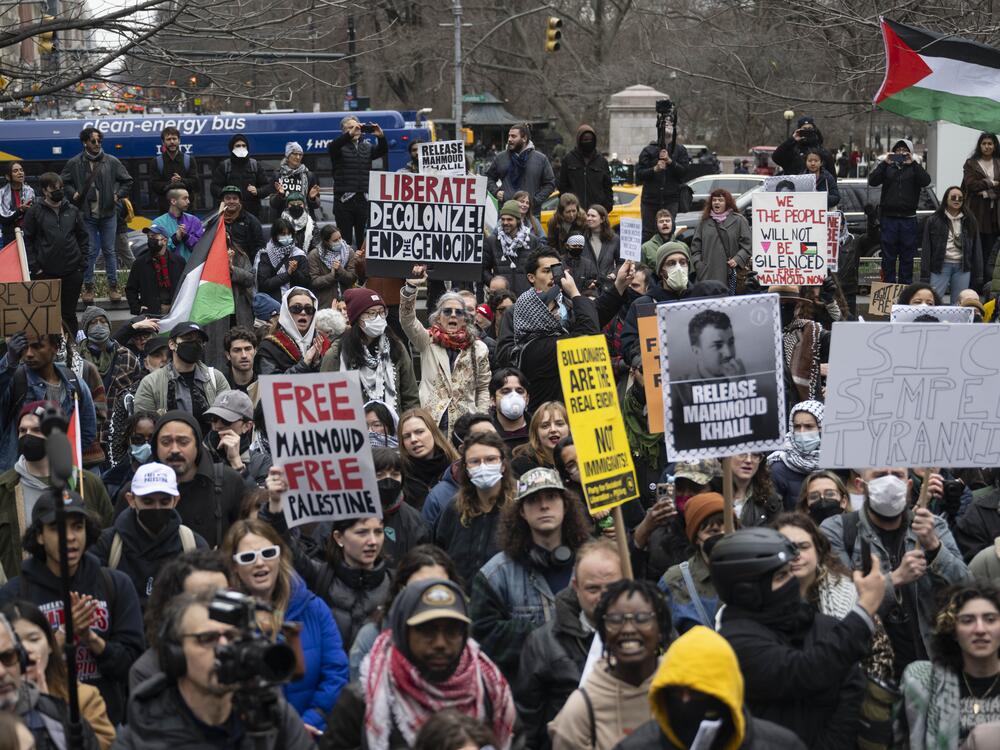 A rally for pro-Palestinian activist Mahmoud Khalil in New York in March. He's been detained in an immigration detention center in Louisiana as the government tries to deport him.