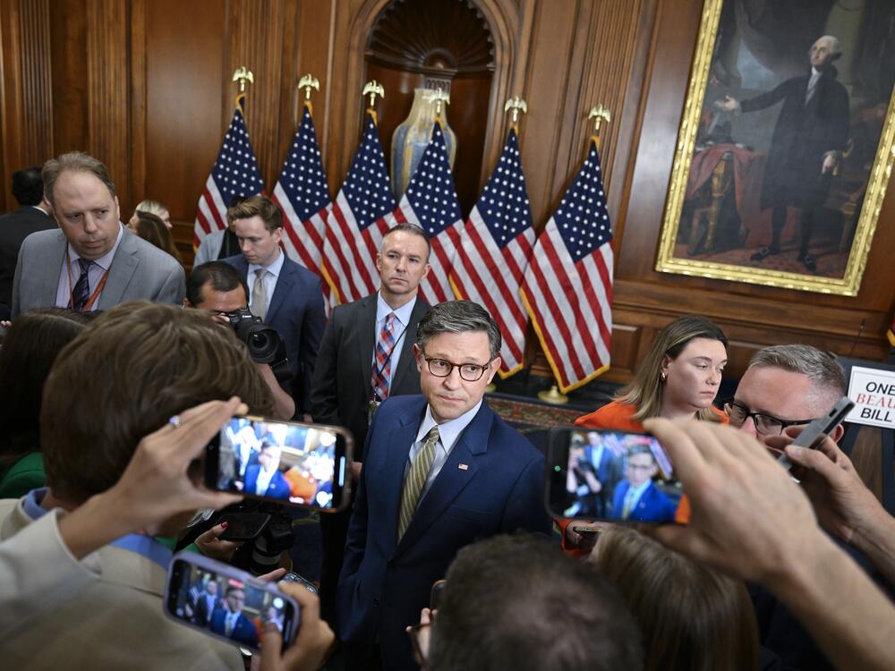 Speaker of the House Mike Johnson, R-La., speaks to the media following a press conference celebrating the passage of the One Big Beautiful Bill Act on May 22 in Washington, D.C.