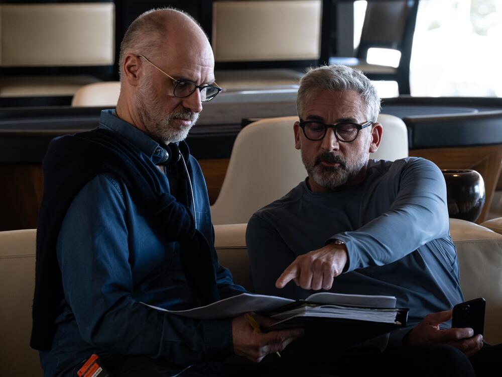 <em>Mountainhead</em> writer/director Jesse Armstrong (left) consulting with actor Steve Carell