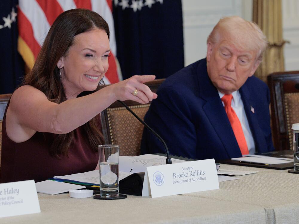 Agriculture Secretary Brooke Rollins and President Trump attend an event in the East Room of the White House on May 22 in Washington, D.C.