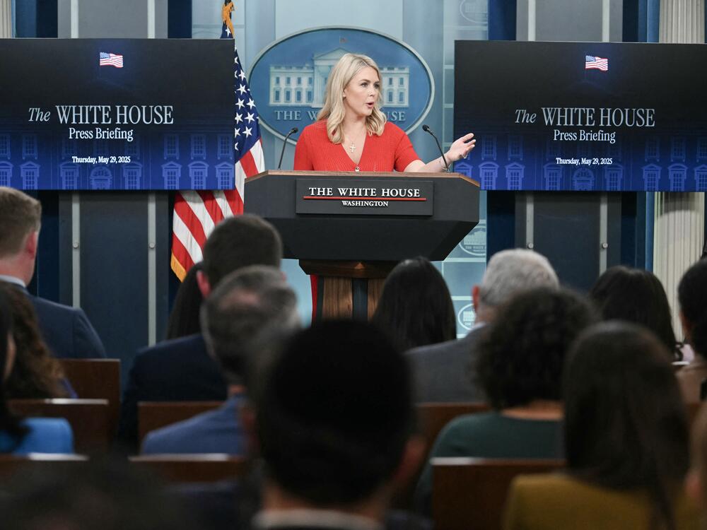 White House press secretary Karoline Leavitt speaks during the daily briefing on Thursday. The National Association of the Deaf is suing the White House to require American Sign Language interpreters to be present at briefings.