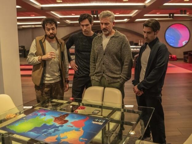 <em>Mountainhead</em> actors (l-r) Ramy Youssef, Cory Michael Smith, Steve Carell and Jason Schwartzman