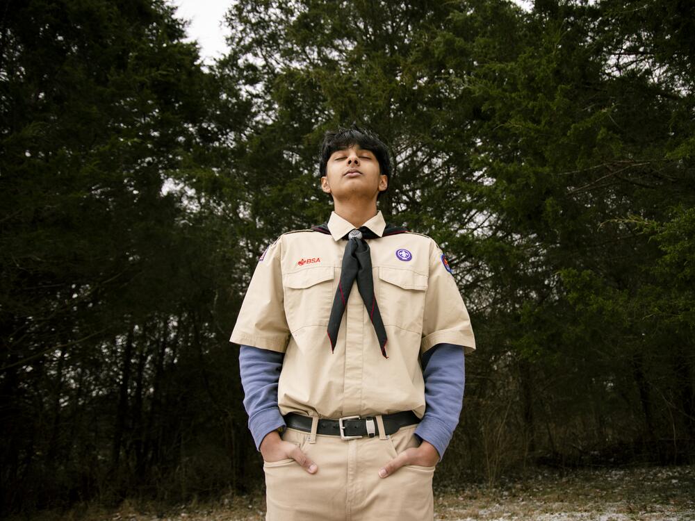 Sowmil Mehta wears his Boy Scouts of America uniform in Brentwood, Tenn., on Jan. 19.