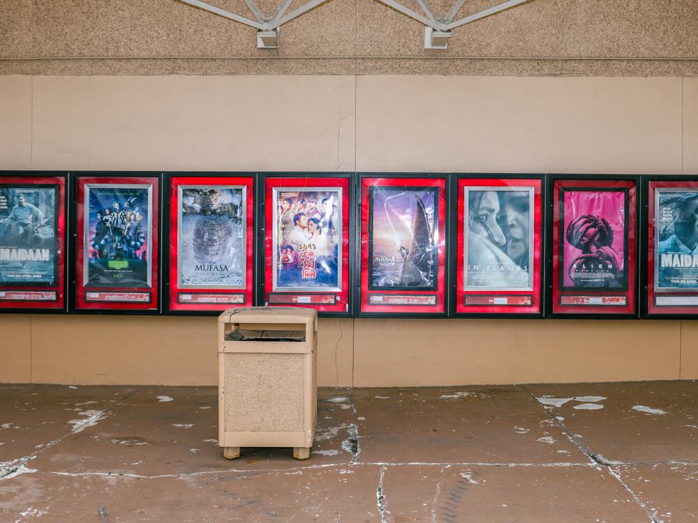Movie posters, seen here on Sept. 30, 2024, showcase a mix of both Bollywood and Hollywood films that have played at BIG Cinemas in Edison, N.J.