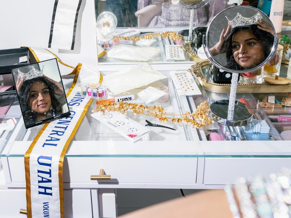 Sahana Kargi, tries on her pageant crown after winning the Miss Utah Sweetheart in Sandy, Utah on Nov. 14, 2024