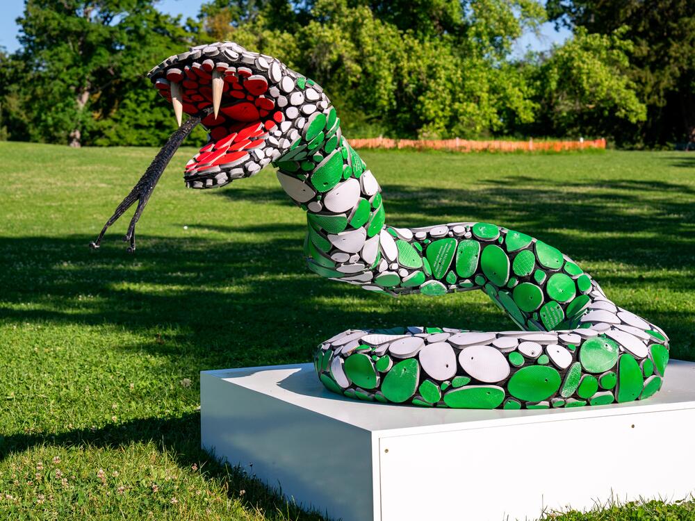 This snake statue is one of eight that loomed in a Geneva Park during May's World Health Assembly — drawing attention to the new initiative to fight snakebite. The colors used are those of the Nigerian flag.