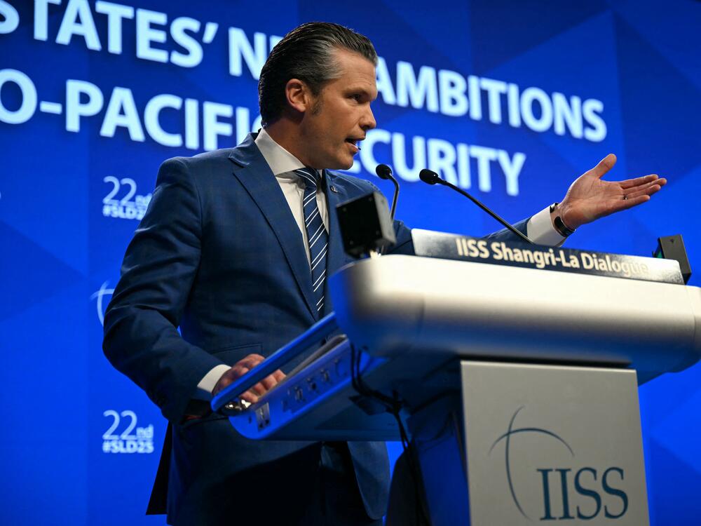 U.S. Secretary of Defense Pete Hegseth delivers an address at the Shangri-La Dialogue Summit in Singapore on Saturday.