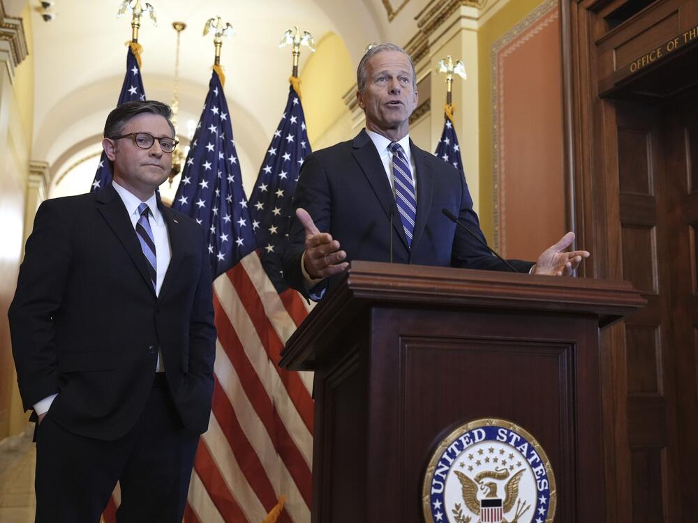 FILE—In a show of Republican unity, Speaker of the House Mike Johnson, R-La., left, and Senate Majority Leader John Thune, R-S.D., make statements to reporters ahead of vote in the House to pass a bill on President Donald Trump's top domestic priorities of spending reductions and tax breaks, at the Capitol in Washington, Thursday, April 10, 2025. Now that the bill has passed the House, Thune and Senate Republicans can afford to lose only three Republican senators and still pass the Trump's spending plan. (…