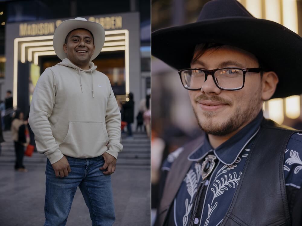 <strong>Left:</strong> Ernesto Sanchez was one of the vendors selling hats to fans outside of Madison Square Garden before the start of the band's show. <strong>Right:</strong> Brian Contreras poses for a photo before the show.