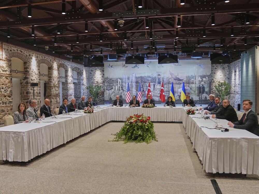 Delegations from U.S., led by Secretary of State Marco Rubio, from Turkey and from Ukraine attend at a meeting at Dolmabahce Palace in Istanbul, on May 16, 2025.