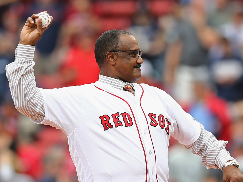 Former Boston Red Sox player Jim Rice throws out the ceremonial first pitch before game four of the American League Division Series between the Houston Astros and the Boston Red Sox at Fenway Park on October 9, 2017 in Boston, Massachusetts. (Photo by Elsa/Getty Images)
