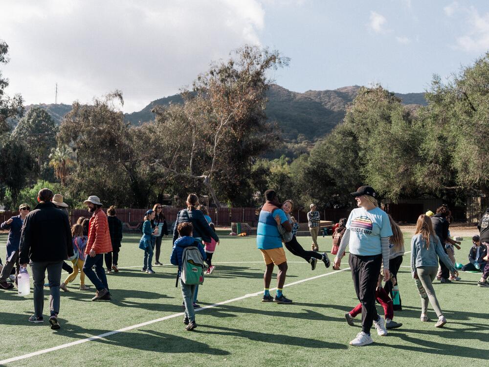 Counselors and kids join together on the soccer field as the Project:Camp day begins at Camp Bob Waldorf in Glendale, Calif.