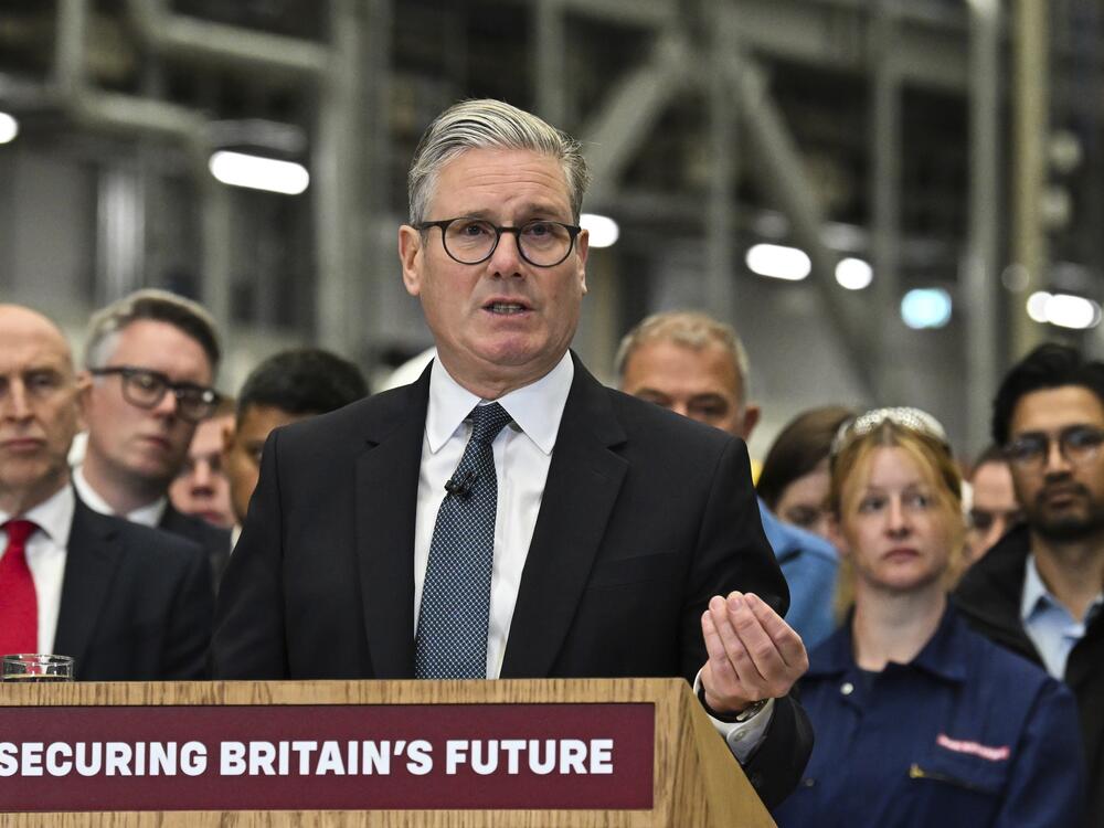 Britain's Prime Minister Keir Starmer delivers his speech during a visit to the BAE Systems'Govan facility, in Glasgow, Scotland on Monday.