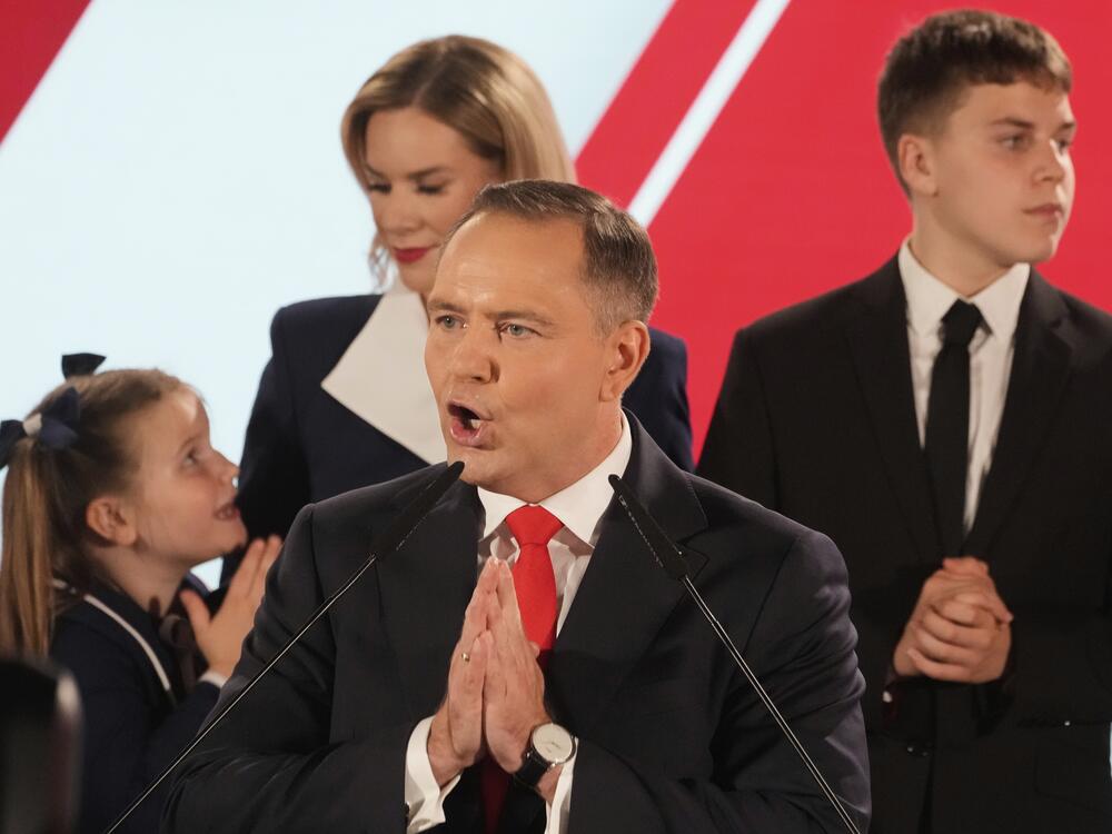 Presidential candidate Karol Nawrocki, a conservative historian backed by the right-wing Law and Justice party addresses supporters at his headquarters after the presidential election runoff in Warsaw, Poland on Sunday.