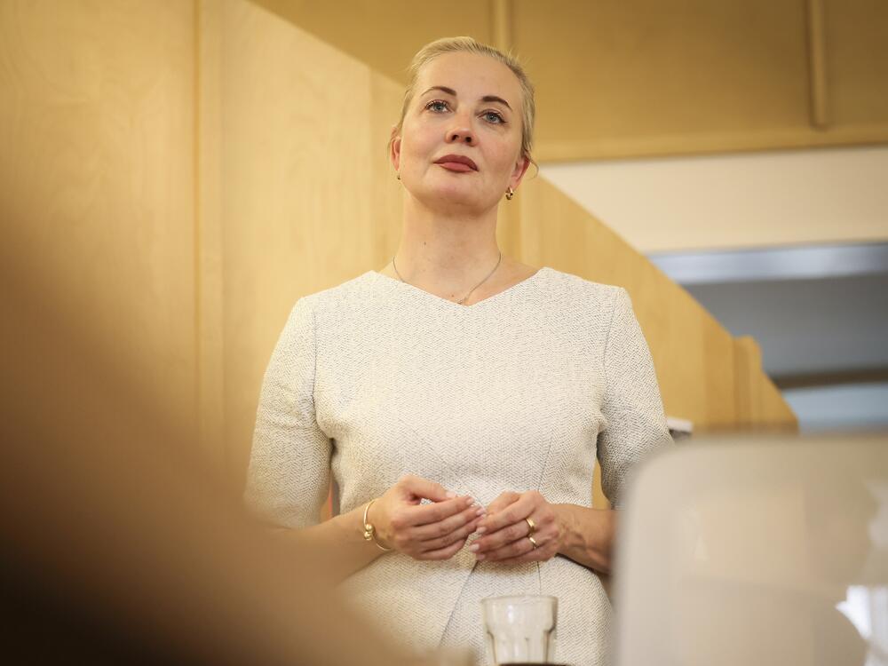 Yulia Navalnaya, widow of Russian opposition leader and activist Alexei Navalny, presents her television project at the Reporters Without Borders headquarters on Tuesday in Paris.