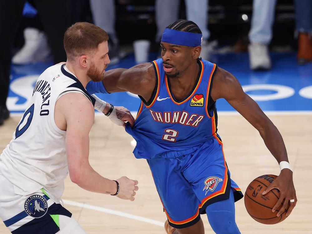 The Oklahoma City Thunder's success this year has come on the strength of their young core trio of superstar Shai Gilgeous-Alexander (right), wing Jalen Williams and seven-footer Chet Holmgren. Gilgeous-Alexander, who was named league MVP after leading the NBA in scoring this season, is only 26.