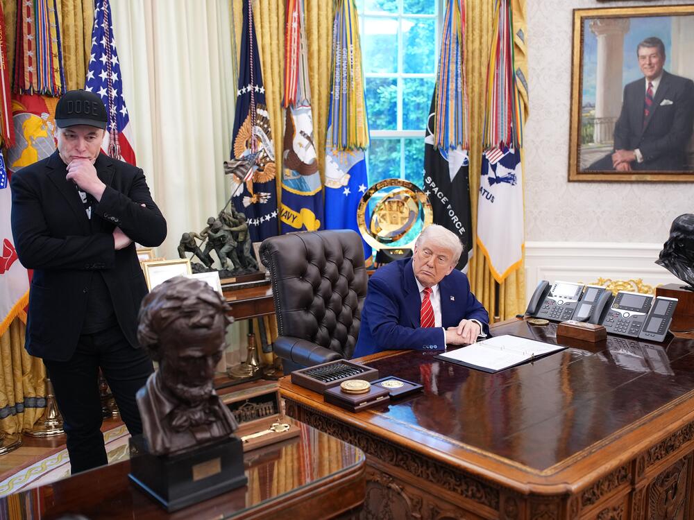 Elon Musk and President Trump speak with reporters in the Oval Office of the White House on May 30.