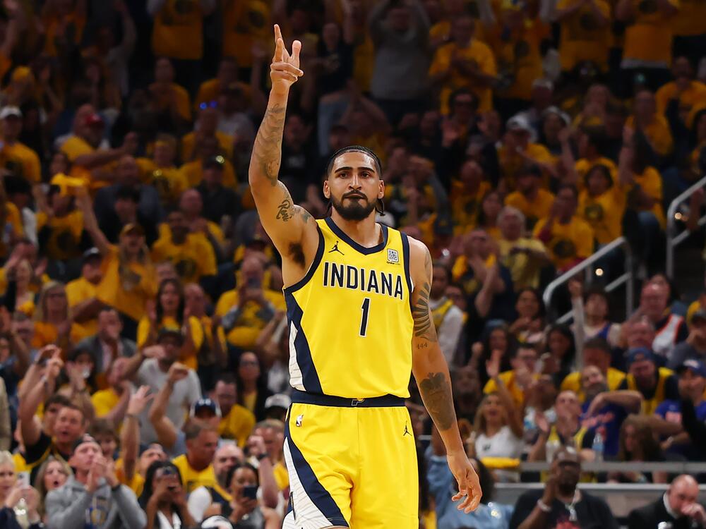 Obi Toppin of the Indiana Pacers celebrates a basket against the New York Knicks during Game Six of the Eastern Conference Finals of the 2025 NBA Playoffs on Saturday in Indianapolis. The Pacers defeated the Knicks 4-2 to advance to the NBA Finals against the Oklahoma City Thunder.