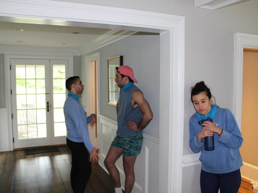 Nick Shafik (L) and Patrick Rice (R) try to talk strategy in secret while, unbeknownst to them, a sly Elise Huppert eavesdrops on their plans.