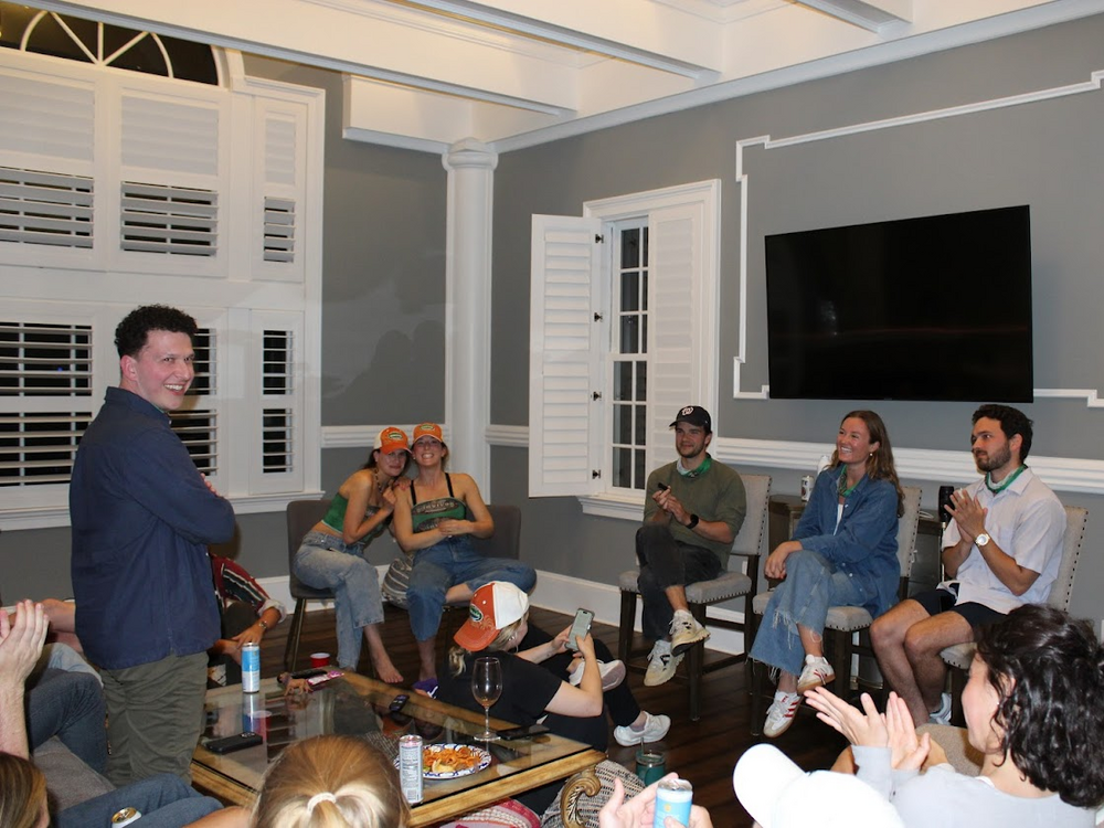 At the final tribal council, jury member Tyler Pincus asks his question to the three finalists (from left to right) Justin Grant, Juliana McCormick and Nick Richardson.