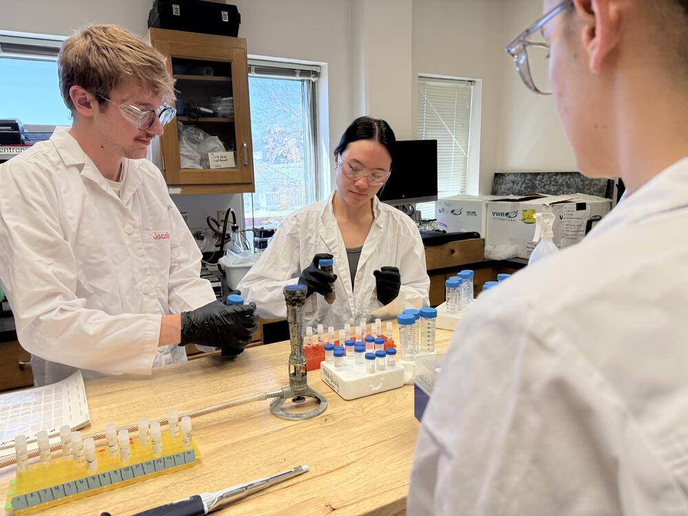 At Colorado State University, Jacob Hall and Emma Lopez work on a set of recently collected samples while Kyndal Prahl looks on. All three have spent a portion of their undergraduate years collecting and analyzing microbes.