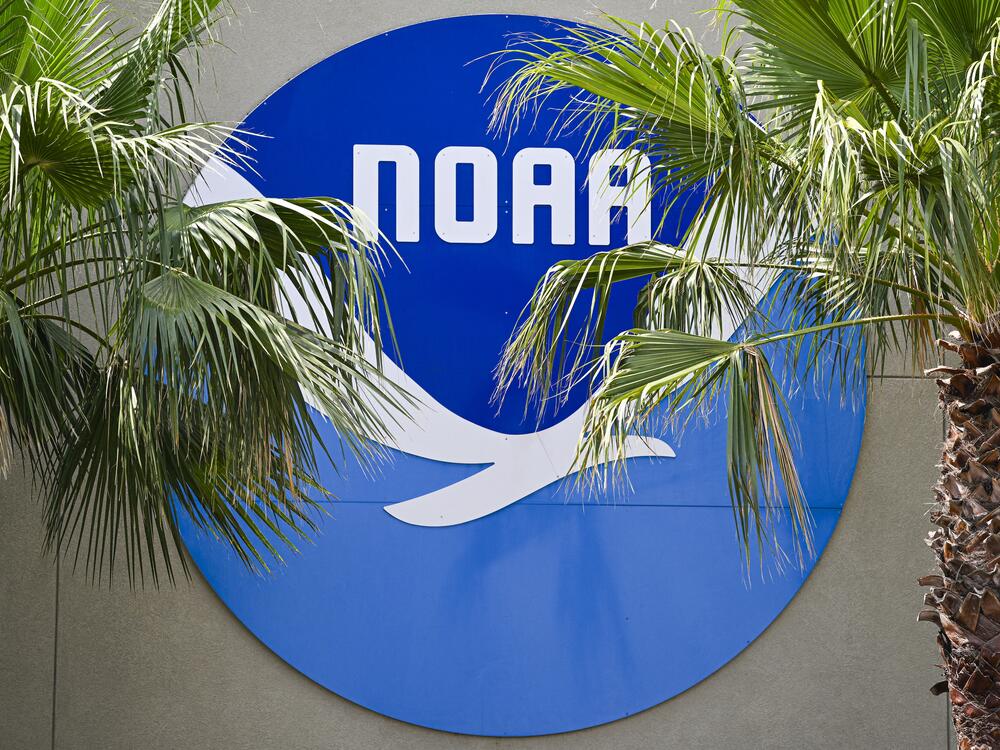 A National Oceanic and Atmospheric Administration's (NOAA) logo is seen at the Aircraft Operations Center in Lakeland, Florida, on May 6, 2025. The Trump administration fired roughly 600 NOAA employees in its purge of probationary workers earlier this year.