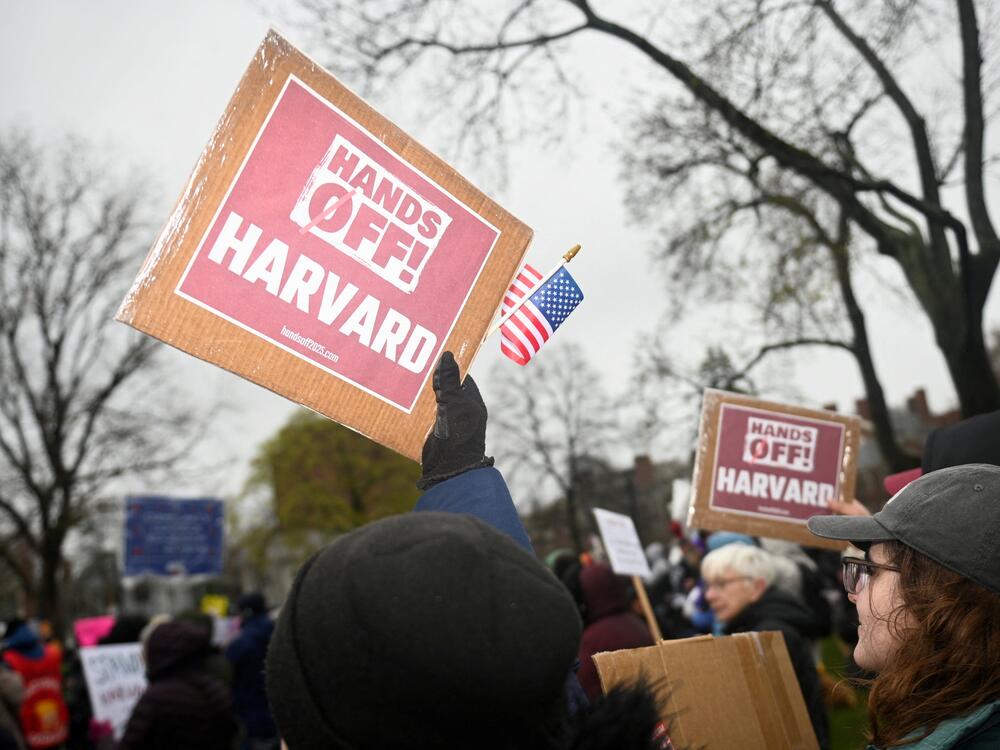 Demonstrators rally on Cambridge Common in a protest organized by the City of Cambridge calling on Harvard leadership to resist interference at the university by the federal government, in Cambridge, Mass., April 12.