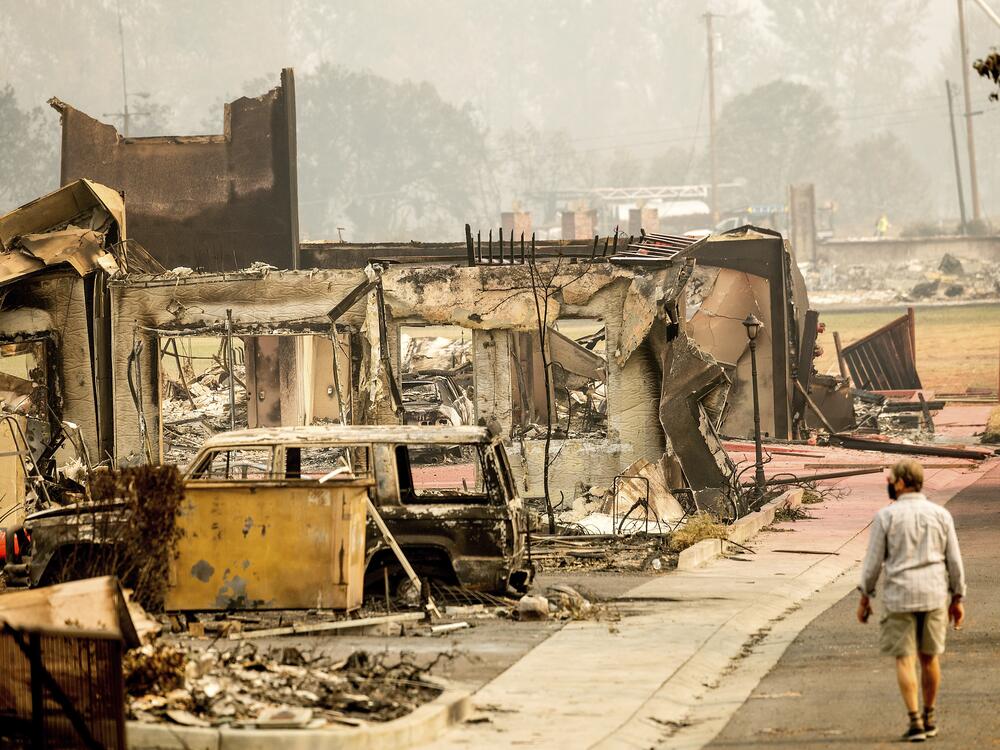 Homes destroyed by a 2020 wildfire in Talent, Ore. FEMA denied about 70% of assistance applications related to massive Oregon wildfires that year, an <a href=
