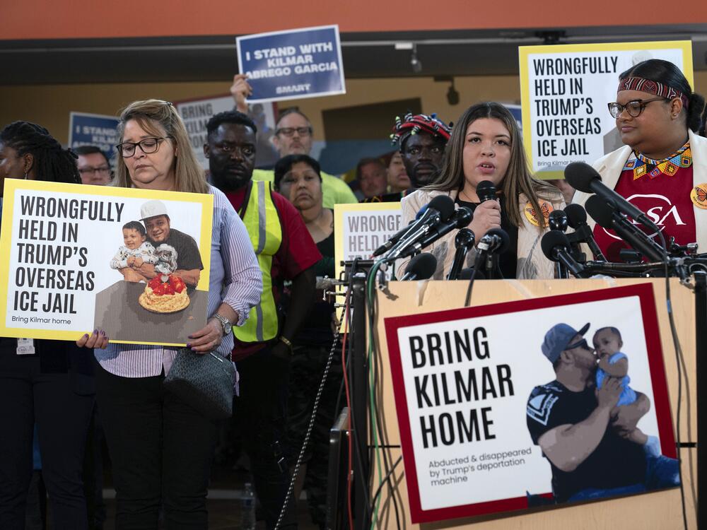 Jennifer Vasquez Sura speaks during an April 4 news conference at CASA's Multicultural Center in Hyattsville, Md., after her husband, Kilmar Abrego Garcia, was mistakenly deported to El Salvador.