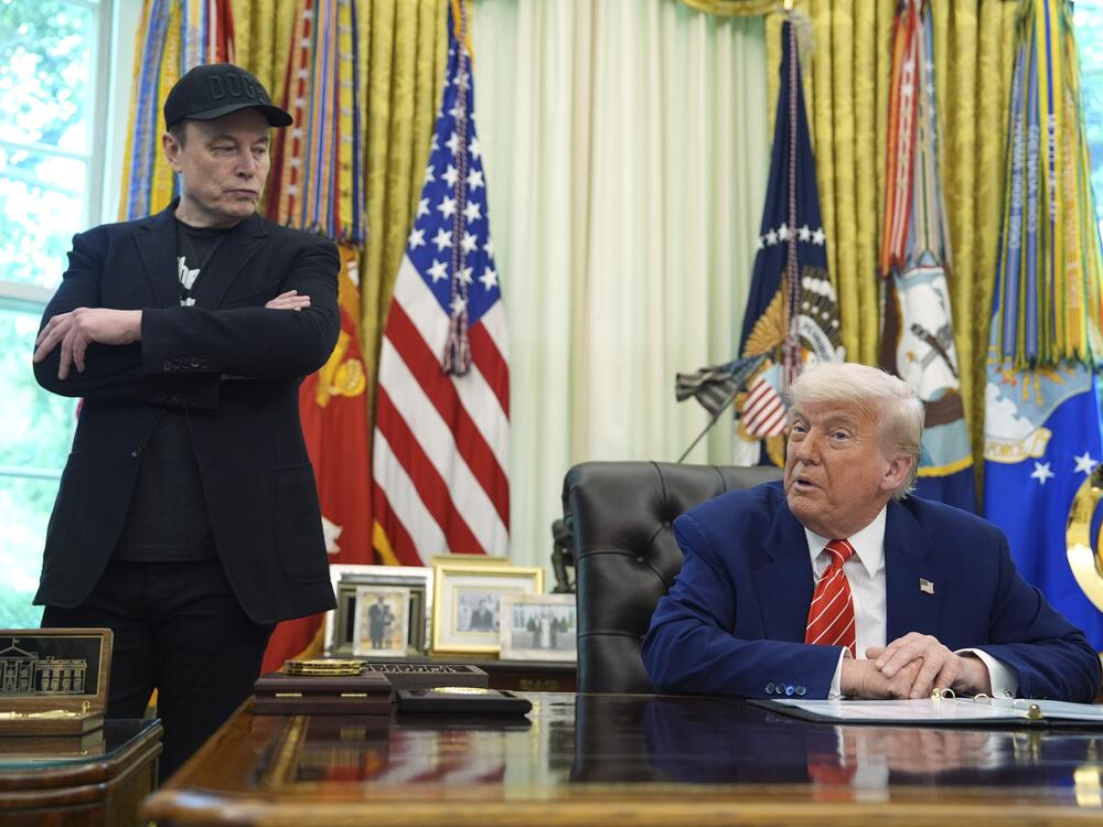 President Donald Trump speaks during a news conference with Elon Musk in the Oval Office of the White House, Friday, May 30, in Washington.
