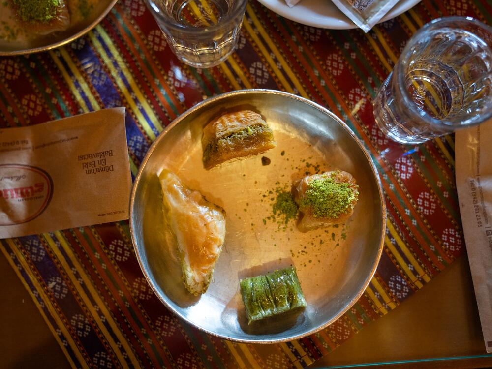 Four different types of baklava are served at Gulluoglu.
