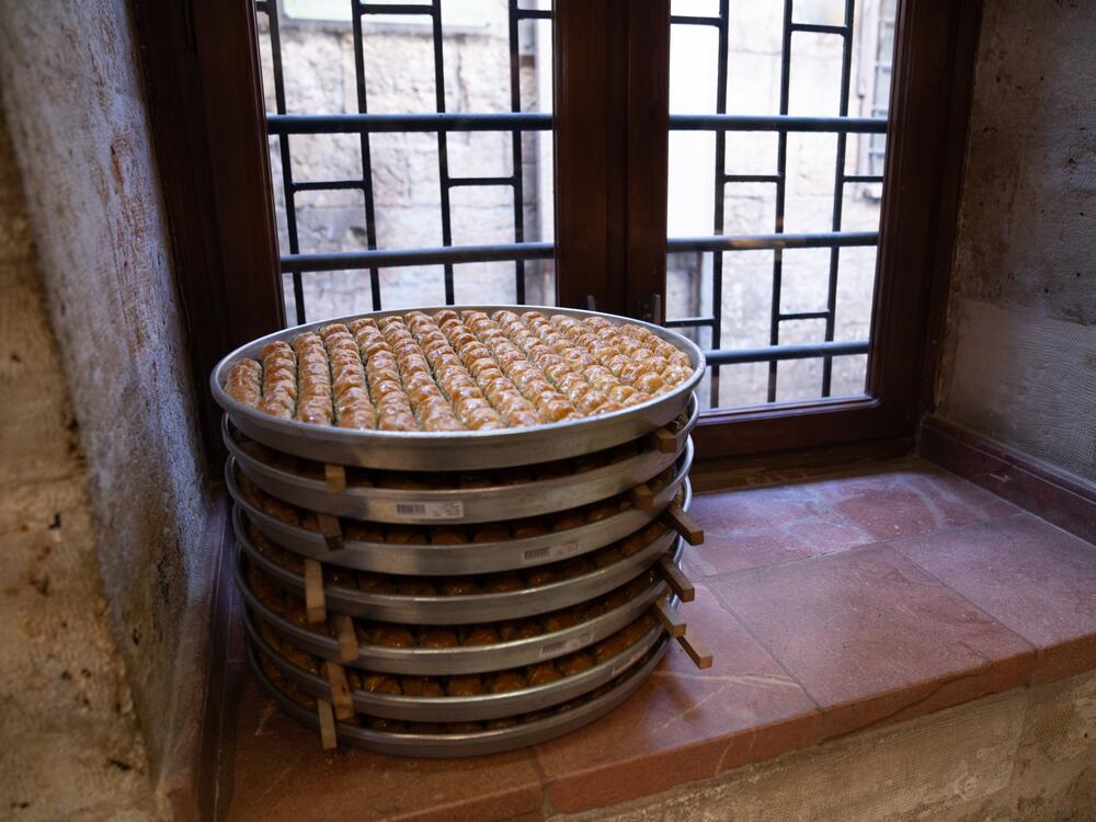 Fresh baklava sits on a windowsill at Gulluoglu.
