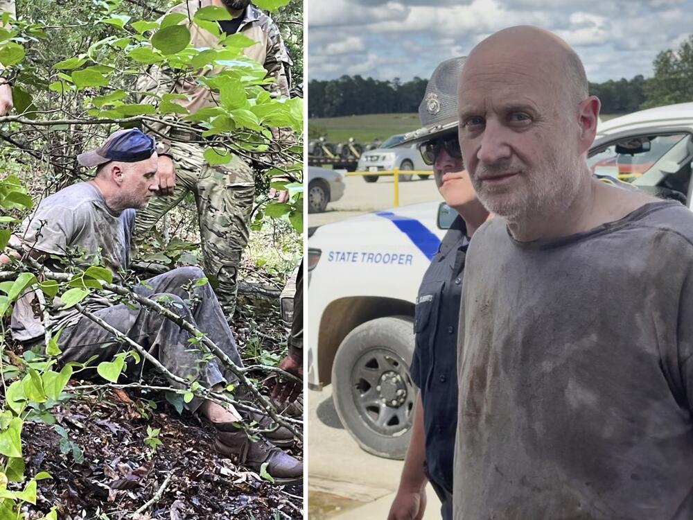 This combo of images released by the Arkansas Department of Corrections shows the recapture of escaped inmate Grant Hardin, an ex-police chief and convicted killer, by Arkansas law enforcement officers and the U.S. Border Patrol on Friday, near Moccasin Creek in Izard County, about 1.5 miles northwest of Calico Rock prison.