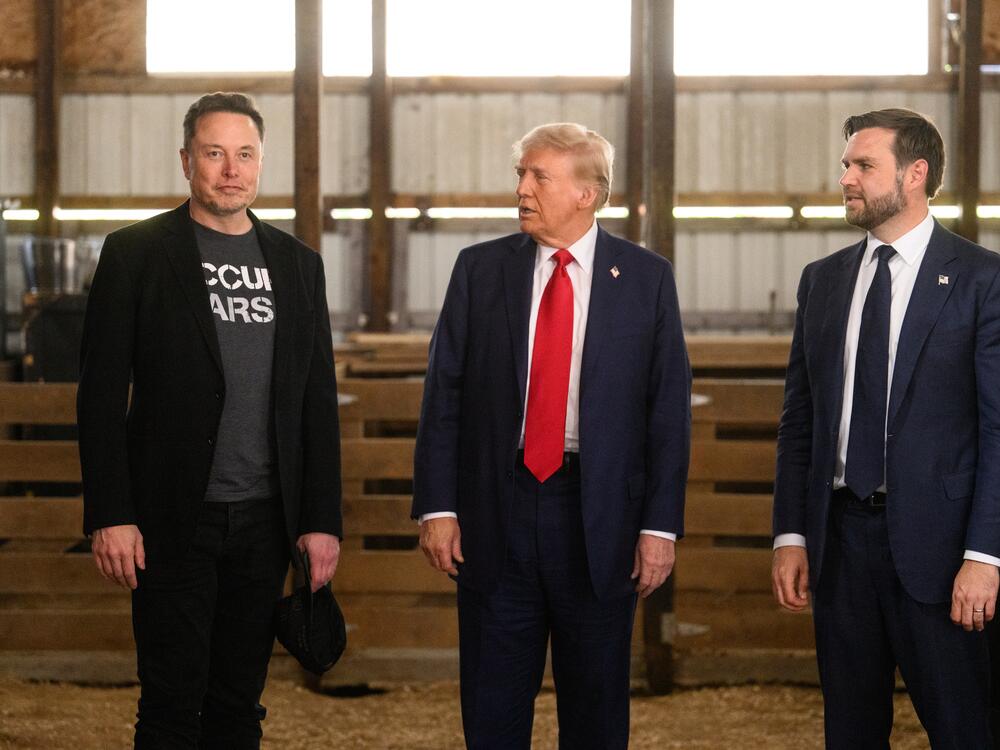 President Donald Trump, center, and Vice President JD Vance, right, and Elon Musk met backstage prior to a presidential campaign event at the Butler Farm Show in Butler, Pa., on Oct. 5, 2024.