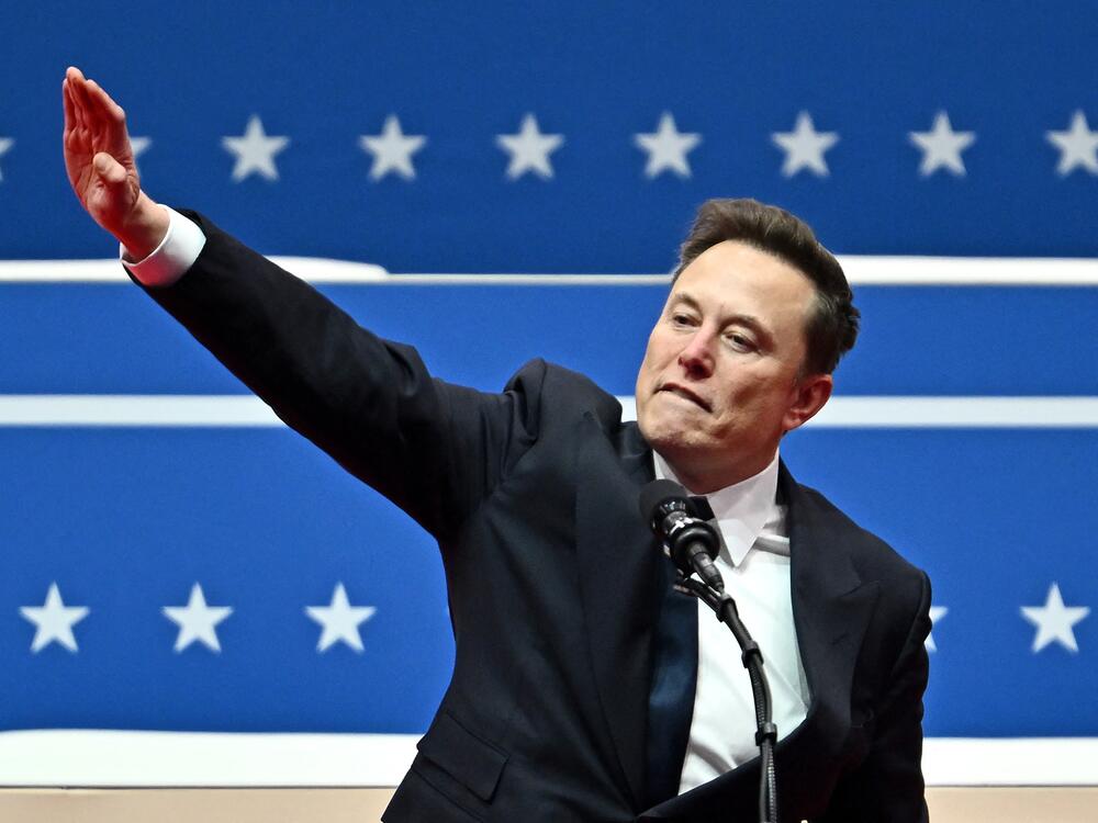 Musk gestures as he speaks during an inaugural event in Washington, D.C., on Jan. 20.