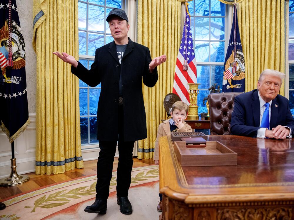 Musk and Trump, along with Musk's son, X, speaks during an event in the Oval Office on Feb. 11.