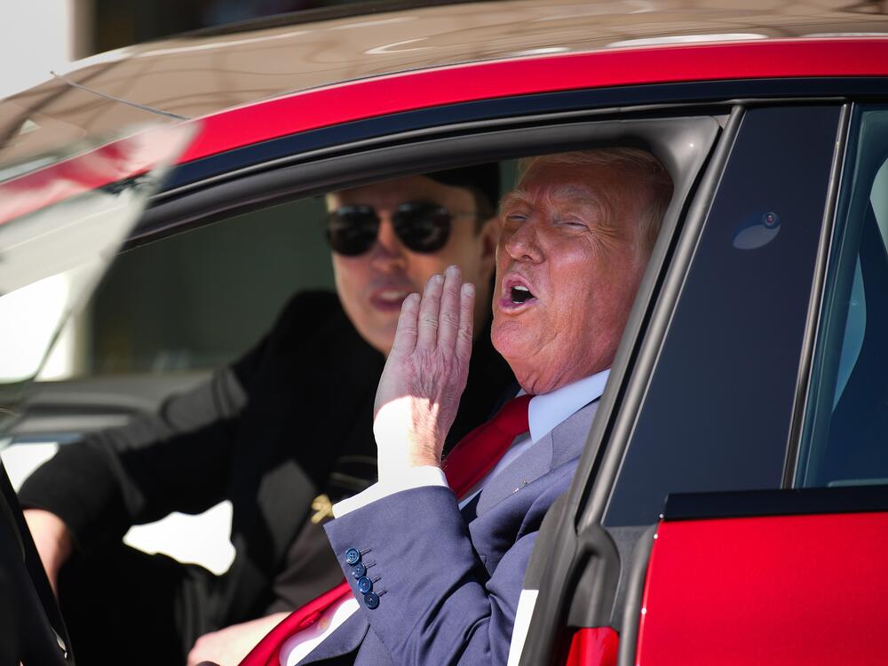 Trump and Musk sit in a Tesla car on the South Lawn of the White House on March 11. Trump spoke out against calls for a boycott of Elon Musk's companies and said he would purchase a Tesla vehicle in what he calls a 