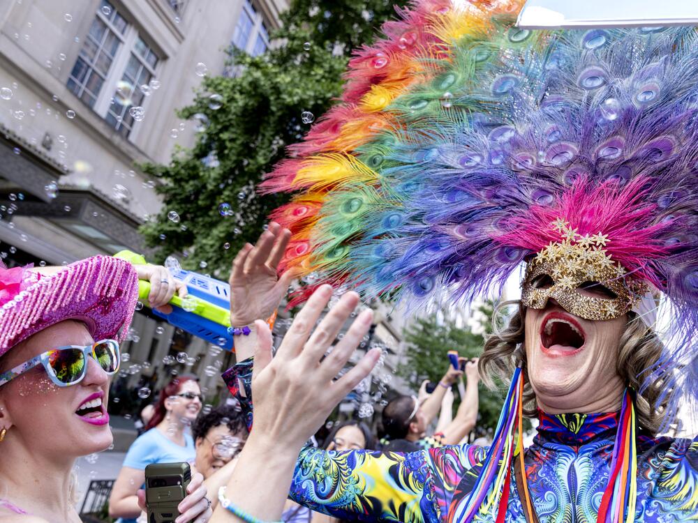 Nicky Sundt of Washington, DC celebrates with the crowd during the World Pride Parade.
