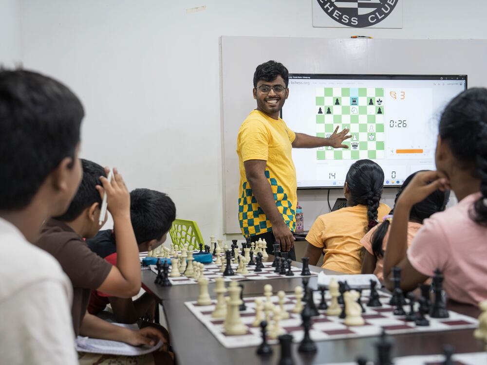 India is eager to turn kids into chess masters. Above: Trainer Selvabharathy — he has just one name — conducts a class at the Madras School of Chess in Chennai, using the online platform Lichess.org as a teaching tool.