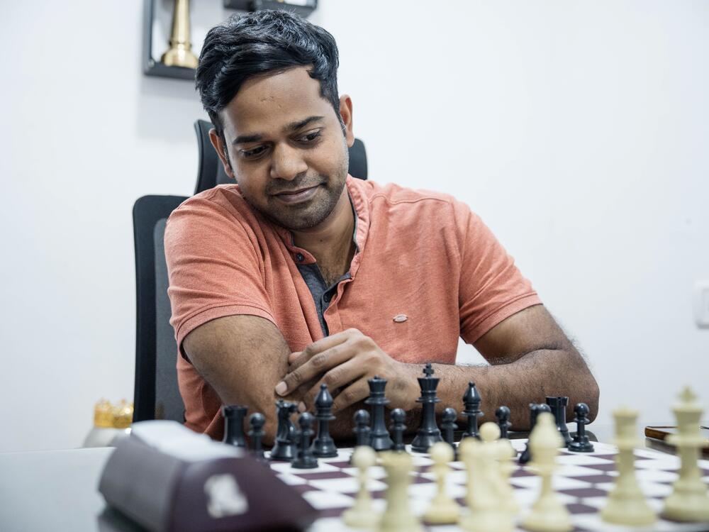 Grandmaster Vishnu Prasanna in his office at the Madras School of Chess, his academy in Chennai.