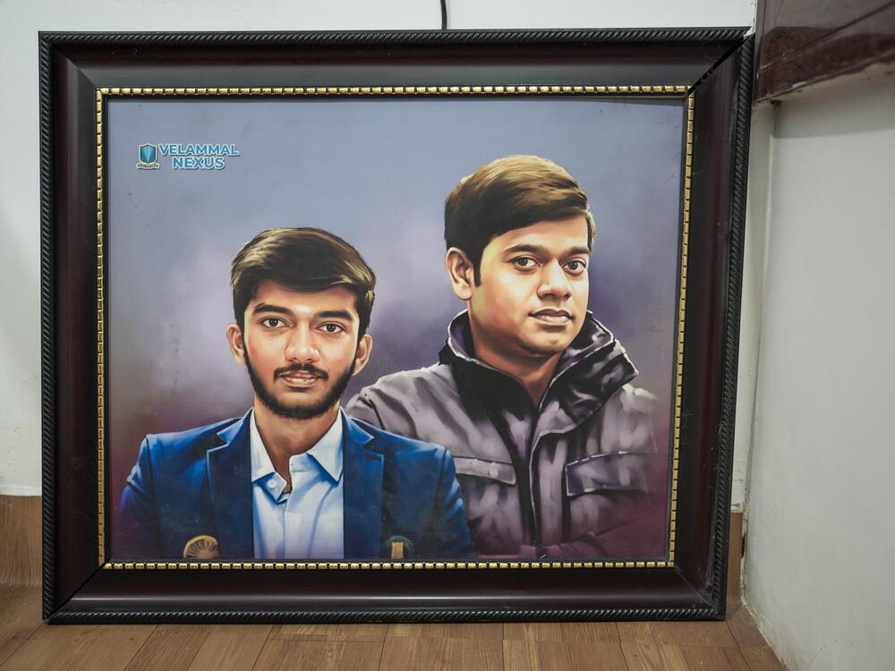 A painted portrait of Grandmaster Vishnu Prasanna with his student, world champion Gukesh Dommaraju, displayed at the Madras School of Chess in Chennai