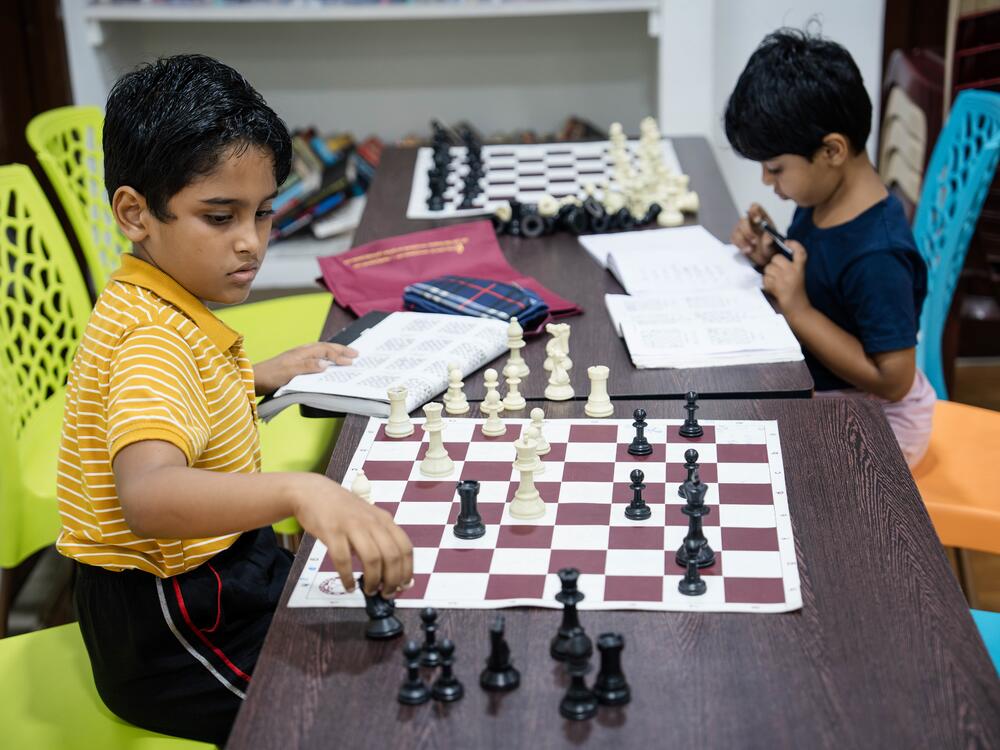 At the Madras school of chess in Chennai, 9-year-old Srihari Krishna (left) and 6-year-old Sriharika (right), both beginners, bone up on their chess.