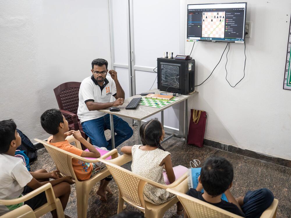 Venkatesan Enumalai instructs his students at the Sathuranga Chanakyan Chess Club in Chennai.