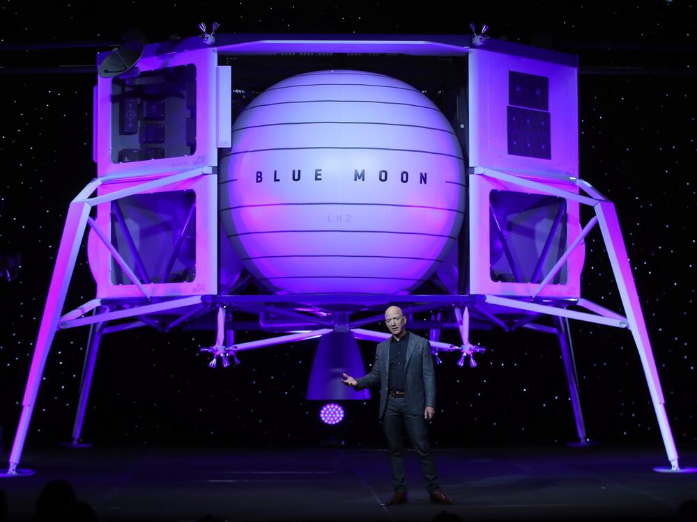 Jeff Bezos, owner of Blue Origin, introduces a new lunar landing module called Blue Moon during an event at the Washington Convention Center, May 9, 2019 in Washington, DC.