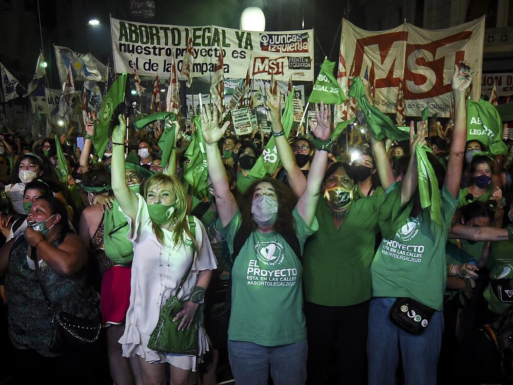 Demonstrators celebrate after the right to an abortion is legalized on Dec. 30, 2020, in Buenos Aires, Argentina.