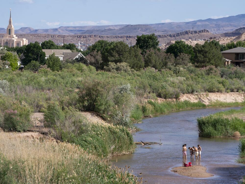 A group gathers in the shallow waters of the Virgin River in St. George, Utah. The river provides the desert community with water, but climate change and a growing population threaten that supply. Local leaders are looking toward recycled sewage as a solution.