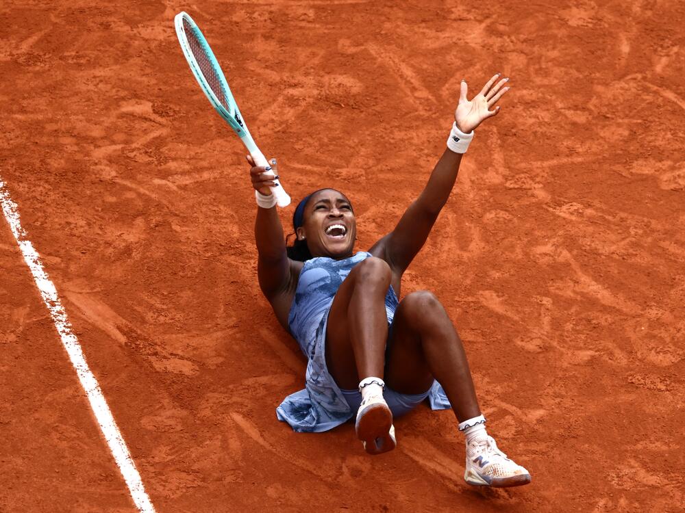Coco Gauff celebrates after winning her women's singles final match against Belarus' Aryna Sabalenka at the French Open tennis tournament in Paris on Saturday.