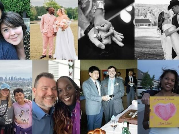 Top row (left to right): Ayla Ludwig and her husband, Alia and Donovan Campbell, two hands showing matching tattoos on the ring finger, and Nina and Daniel Solis. Bottom row (left to right): Stacey Manley and his family, Isaiah Schauer and his wife, Craig Wiesner and his husband, Derrick Kikuchi, and Lynnea and David Hutton.