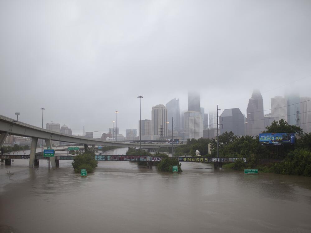 Floodwaters from Hurricane Harvey overwhelm highways in Houston in 2017.